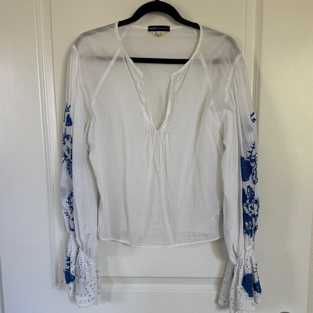 Levi's White Blouse with Blue Embroidery